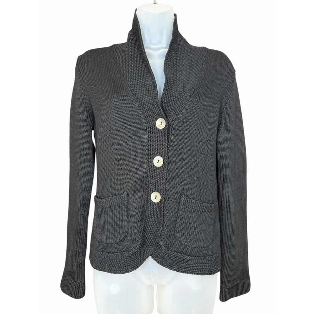 Boden 12 Black 100% Wool Cardigan‎ Jacket Shawl Collar Button Front Pockets